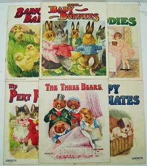 My Little Bookshelf (6 "linenette" softcovers: Tiny Teddies, Our Baby Bunnies, My Puppy Playmates, The Three Bears, My Pert Pussies, Barnyard Babies, N/A