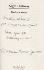 Night Highway [Inscribed Copy] by: Koons, Barbara
