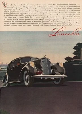 ORIG VINTAGE 1937 LINCOLN V-12 CAR ADillustrator- James  Williamson