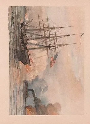 ORIG VINTAGE COLOR LITHO PRINT/ THE CUMBERLAND FIRING IN A NAVAL CONFLICTZogbaum (Illust.), Rufus F., Illust. by: Rufus F.  Zogbaum