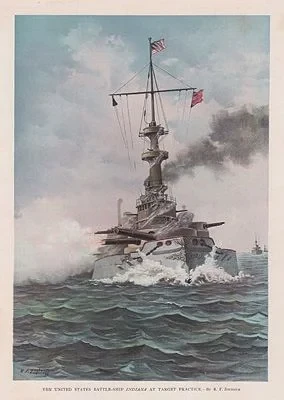 ORIG VINTAGE COLOR LITHO PRINT/ THE U.S. BATTLESHIP INDIANA AT TARGET PRACTICEZogbaum (Illust.), Rufus F., Illust. by: Rufus F.  Zogbaum