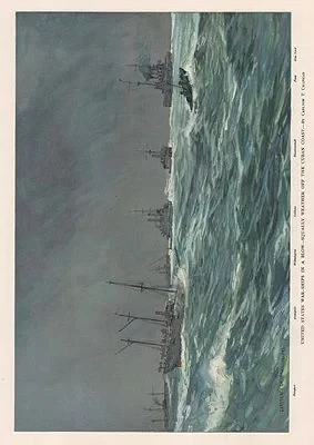 ORIG VINTAGE COLOR LITHO PRINT/ UNITED STATES WARSHIPS IN A BLOW-SQUALLY WEATHER OFF THE CUBAN COASTChapman (Illust.), Carlton T., Illust. by: Carlton T.  Chapman