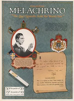 ORIG VINTAGE MAGAZINE AD/ 1927 MELACHRINO CIGARETTE ADillustrator- N/A