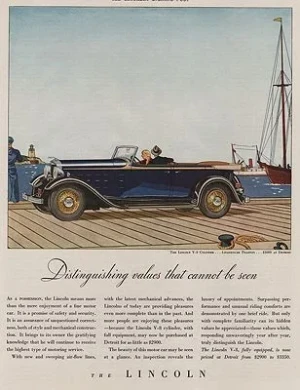 ORIG VINTAGE MAGAZINE AD/ 1932 LINCOLN V-8 PHAETON CAR ADillustrator- James  Williamson