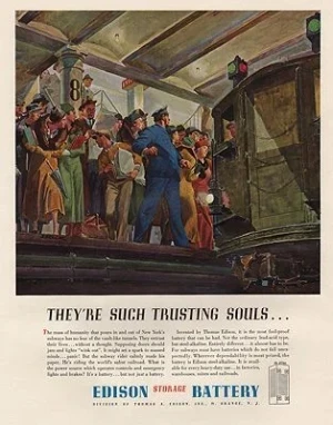 ORIG VINTAGE MAGAZINE AD/ 1937 EDISON BATTERY ADillustrator- Peter  Helck