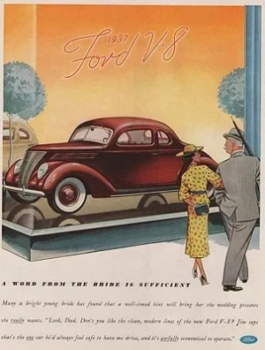 ORIG VINTAGE MAGAZINE AD/ 1937 FORD V-8 CAR AD illustrator- N/A