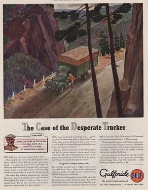 ORIG VINTAGE MAGAZINE AD/ 1938 GULFPRIDE MOTOR OIL ADillustrator- Peter  Helck