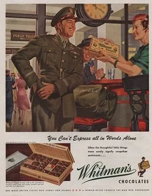 ORIG VINTAGE MAGAZINE AD/ 1943 WHITMANS CHOCOLATES ADillustrator- Ray  Prohaska