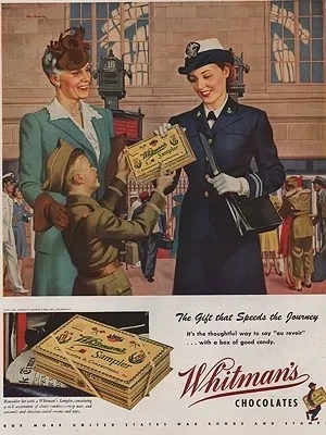 ORIG VINTAGE MAGAZINE AD/ 1943 WHITMANS CHOCOLATES ADillustrator- Ray  Prohaska