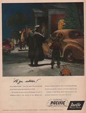 ORIG VINTAGE MAGAZINE AD/ 1944 PACIFIC MILLS ADillustrator- Peter  Helck