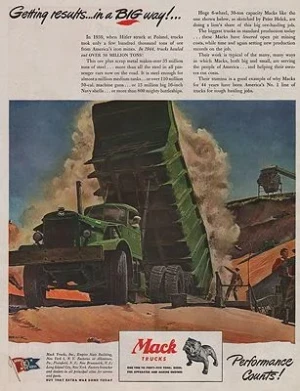 ORIG VINTAGE MAGAZINE AD/ 1945 MACK TRUCK ADillustrator- Peter  Helck